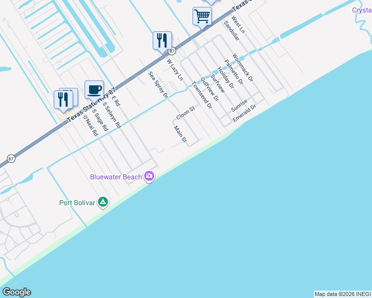 map of restaurants, bars, coffee shops, grocery stores, and more near 1220 North Crystal Beach Road in Bolivar Peninsula