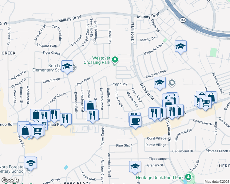 map of restaurants, bars, coffee shops, grocery stores, and more near 718 Butler Point in San Antonio