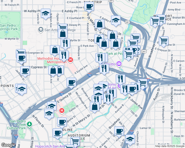 map of restaurants, bars, coffee shops, grocery stores, and more near South PanAm Expressway in San Antonio