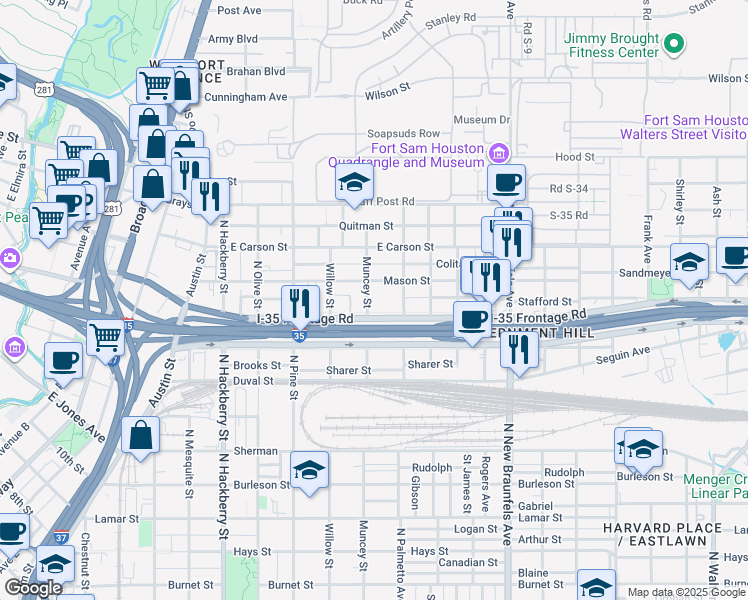 map of restaurants, bars, coffee shops, grocery stores, and more near 1114 Willow Street in San Antonio