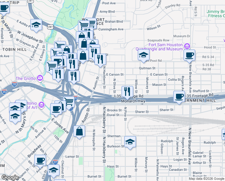 map of restaurants, bars, coffee shops, grocery stores, and more near 1601 North Olive Street in San Antonio