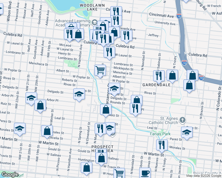 map of restaurants, bars, coffee shops, grocery stores, and more near 1825 Lyons Street in San Antonio