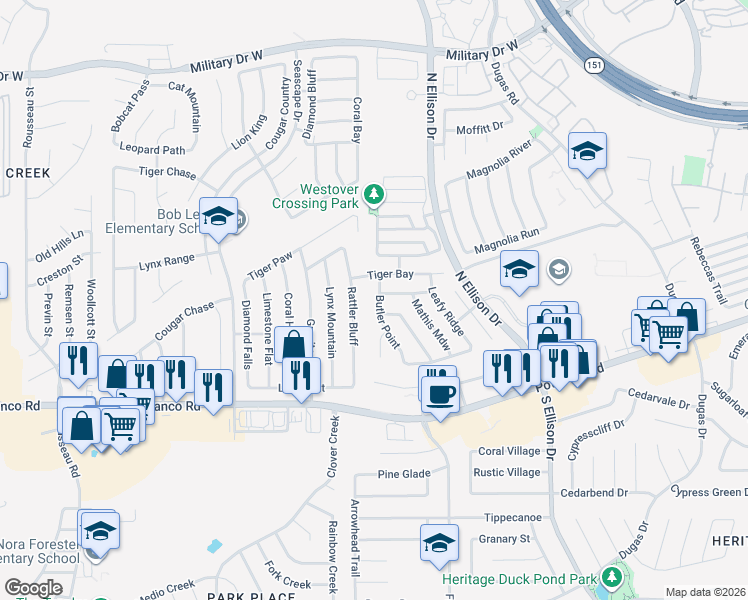 map of restaurants, bars, coffee shops, grocery stores, and more near 718 Butler Point in San Antonio