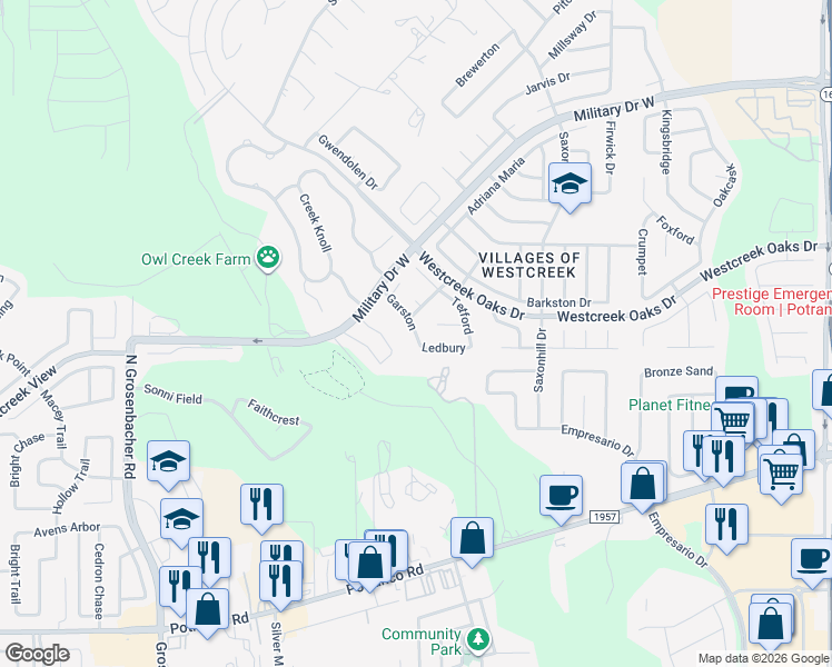map of restaurants, bars, coffee shops, grocery stores, and more near 11838 Ledbury in San Antonio