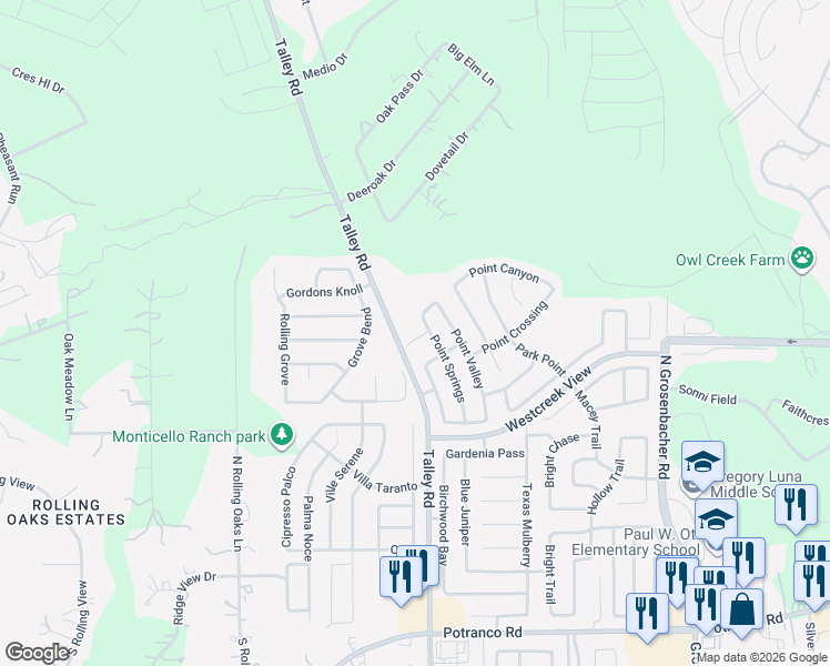 map of restaurants, bars, coffee shops, grocery stores, and more near 12811 Point Gap in San Antonio
