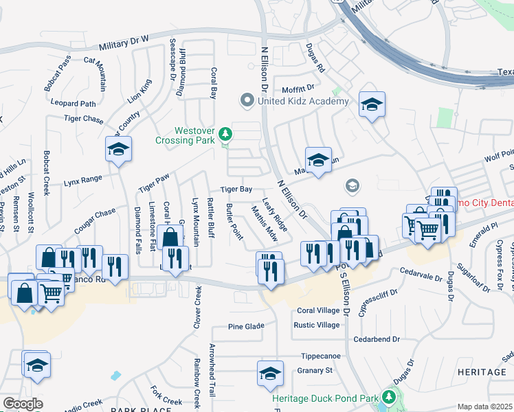 map of restaurants, bars, coffee shops, grocery stores, and more near 714 Barrow Peak in San Antonio