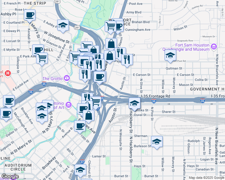 map of restaurants, bars, coffee shops, grocery stores, and more near 451 Oak Street in San Antonio
