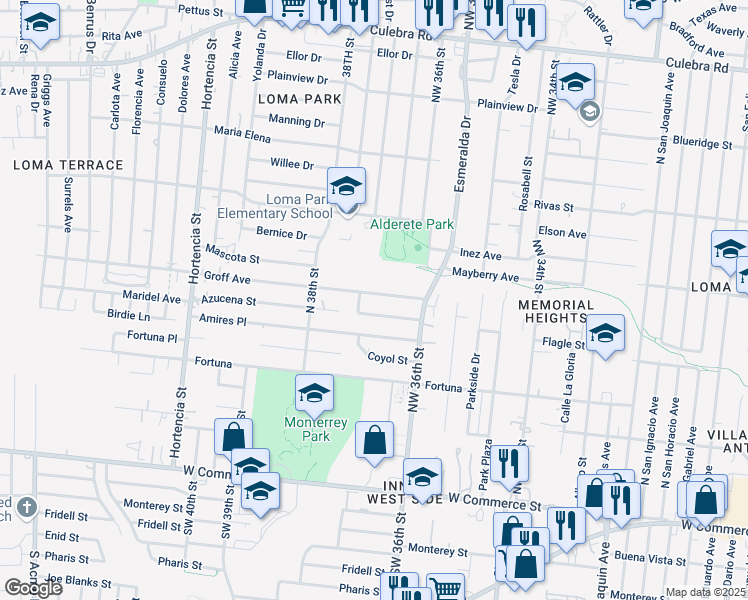 map of restaurants, bars, coffee shops, grocery stores, and more near 134 Azucena Street in San Antonio
