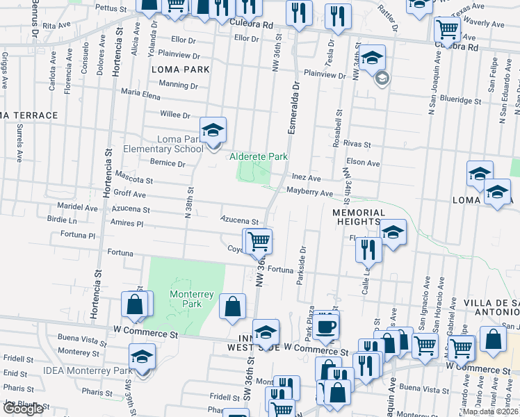 map of restaurants, bars, coffee shops, grocery stores, and more near 601 Northwest 36th Street in San Antonio