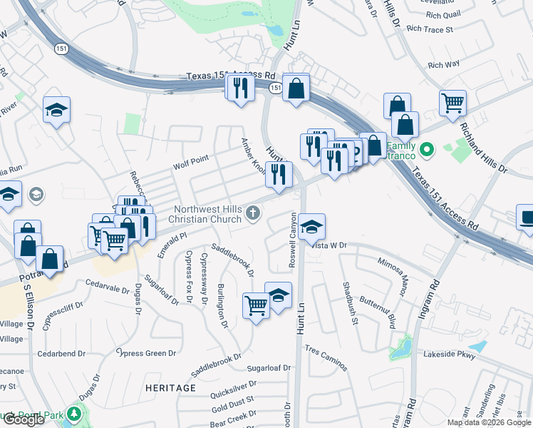 map of restaurants, bars, coffee shops, grocery stores, and more near 9560 Potranco Road in San Antonio