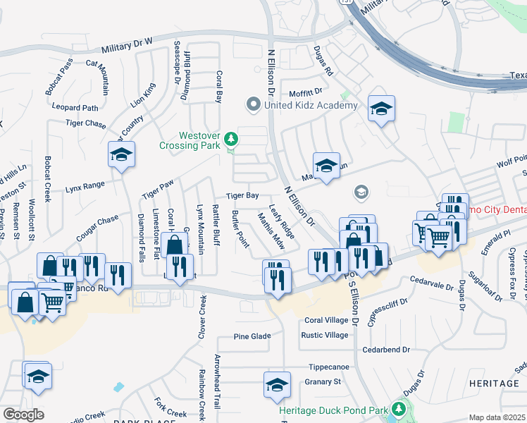 map of restaurants, bars, coffee shops, grocery stores, and more near 714 Barrow Peak in San Antonio