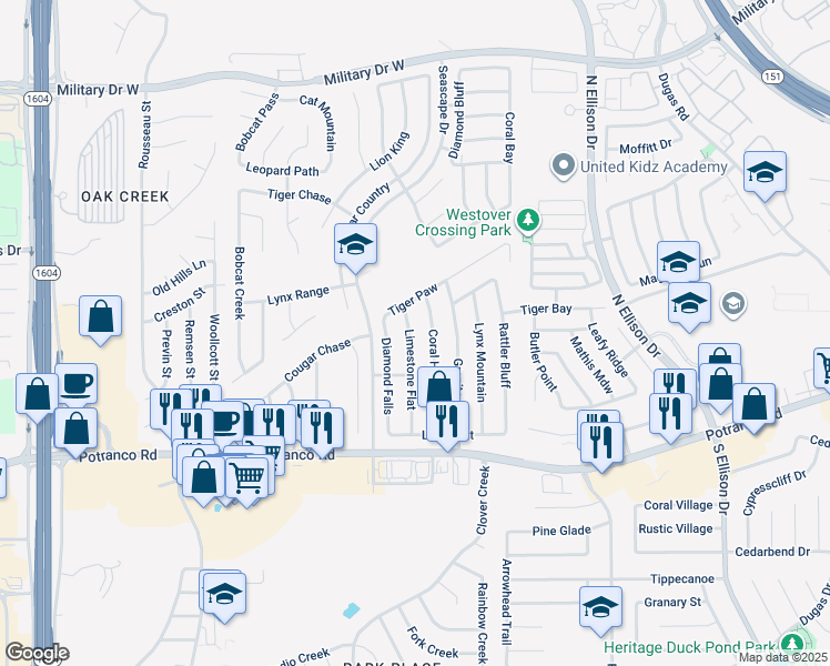 map of restaurants, bars, coffee shops, grocery stores, and more near 626 Limestone Flat in San Antonio