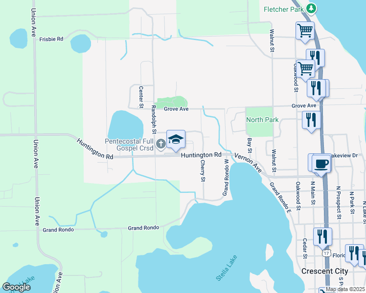 map of restaurants, bars, coffee shops, grocery stores, and more near 1020 Huntington Road in Crescent City