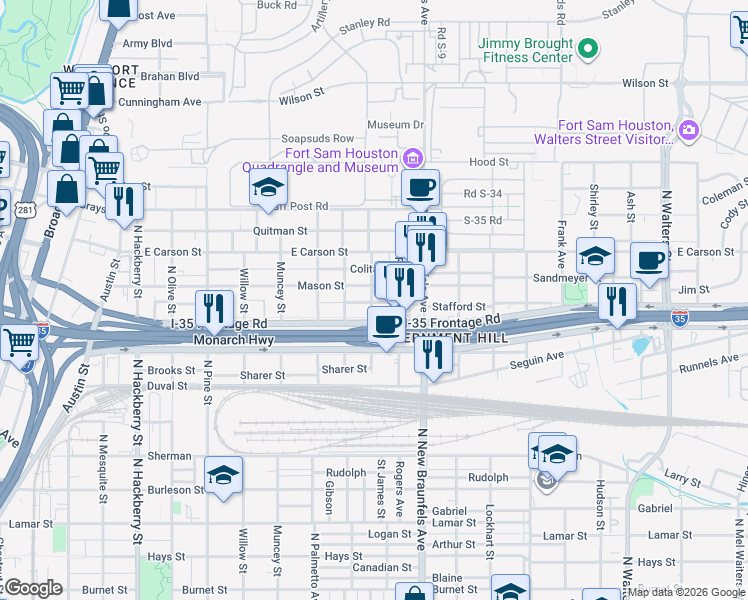 map of restaurants, bars, coffee shops, grocery stores, and more near 901 Mason Street in San Antonio