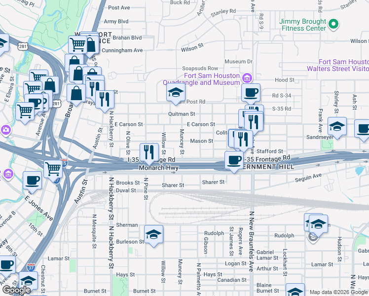 map of restaurants, bars, coffee shops, grocery stores, and more near 529 Mason Street in San Antonio
