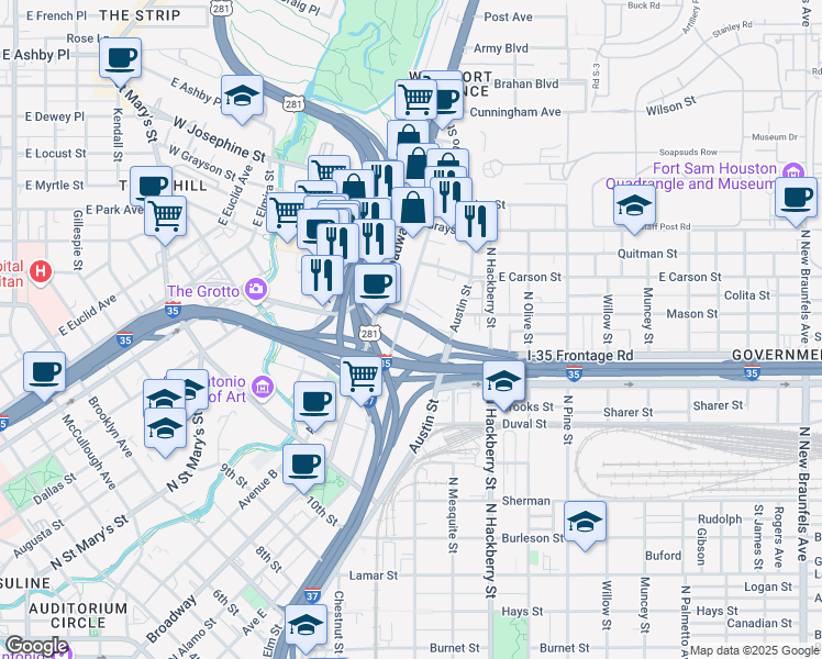map of restaurants, bars, coffee shops, grocery stores, and more near in San Antonio