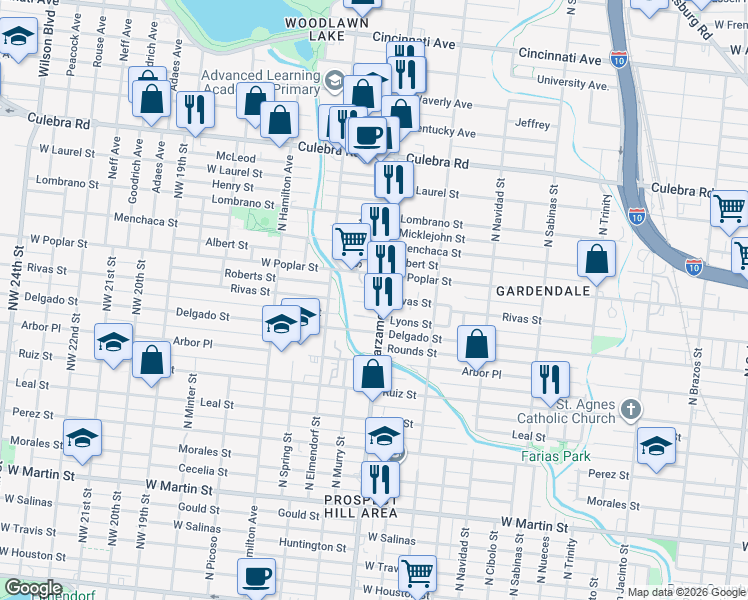 map of restaurants, bars, coffee shops, grocery stores, and more near 2108 West Poplar Street in San Antonio