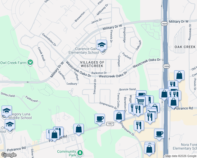 map of restaurants, bars, coffee shops, grocery stores, and more near 11758 Barkston Drive in San Antonio