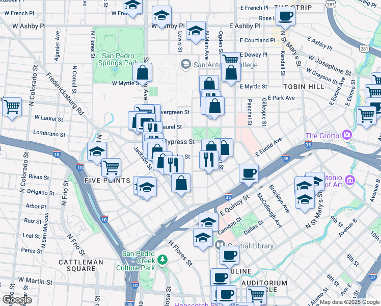 map of restaurants, bars, coffee shops, grocery stores, and more near in San Antonio