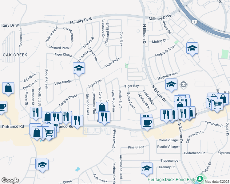 map of restaurants, bars, coffee shops, grocery stores, and more near 671 Rattler Bluff in San Antonio