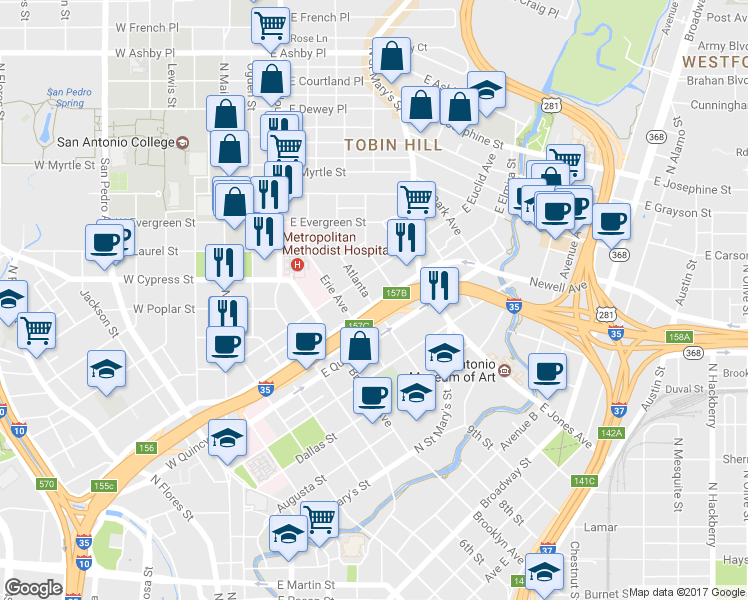 map of restaurants, bars, coffee shops, grocery stores, and more near 578 Atlanta in San Antonio