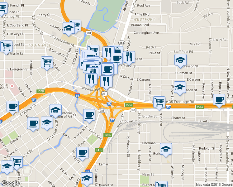 map of restaurants, bars, coffee shops, grocery stores, and more near in San Antonio