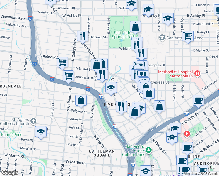 map of restaurants, bars, coffee shops, grocery stores, and more near 1447 North Flores Street in San Antonio