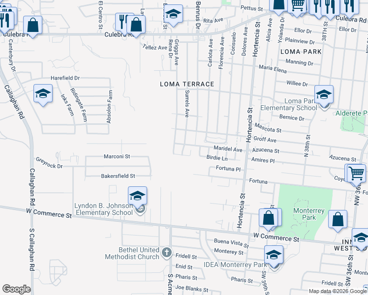 map of restaurants, bars, coffee shops, grocery stores, and more near 110 Surrels Avenue in San Antonio
