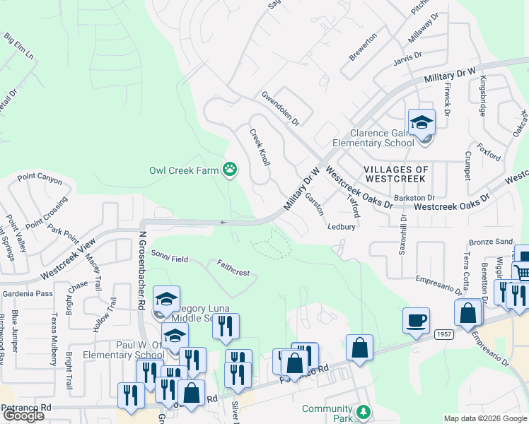 map of restaurants, bars, coffee shops, grocery stores, and more near 823 Creek Gate in San Antonio