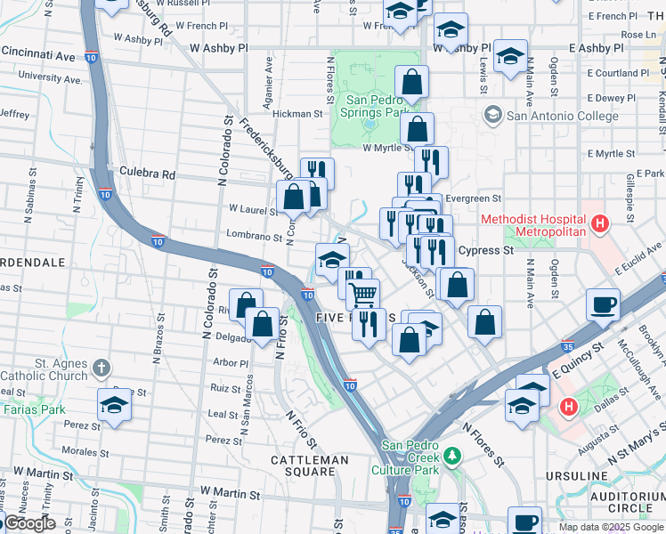 map of restaurants, bars, coffee shops, grocery stores, and more near 1447 North Flores Street in San Antonio