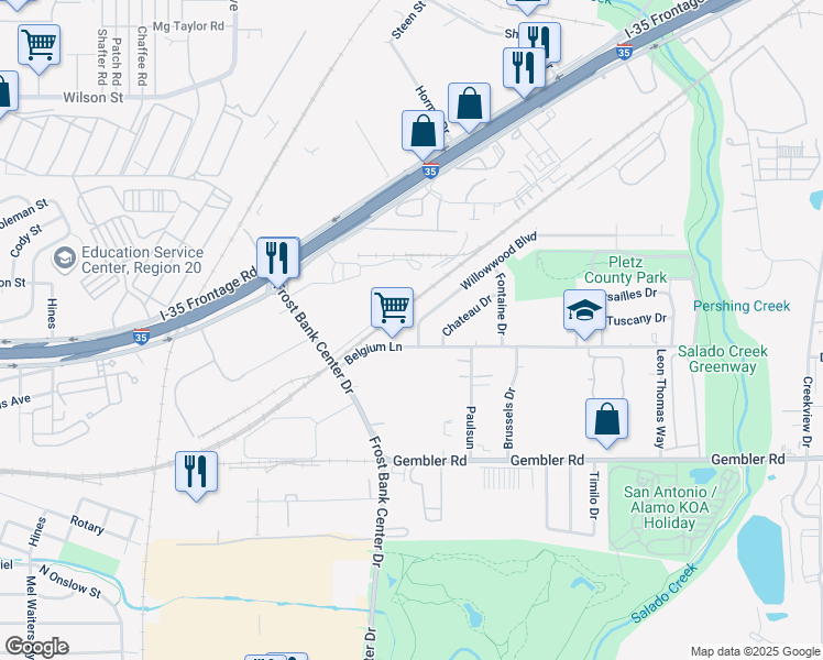 map of restaurants, bars, coffee shops, grocery stores, and more near 3315 Willowwood Boulevard in San Antonio