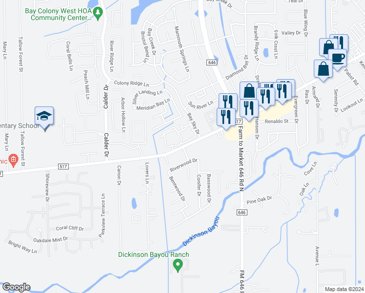 map of restaurants, bars, coffee shops, grocery stores, and more near 1024 Farm to Market Road 517 in Dickinson