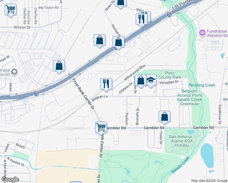 map of restaurants, bars, coffee shops, grocery stores, and more near 3334 Willowwood Boulevard in San Antonio