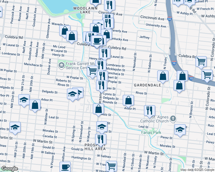 map of restaurants, bars, coffee shops, grocery stores, and more near 2030 West Poplar Street in San Antonio