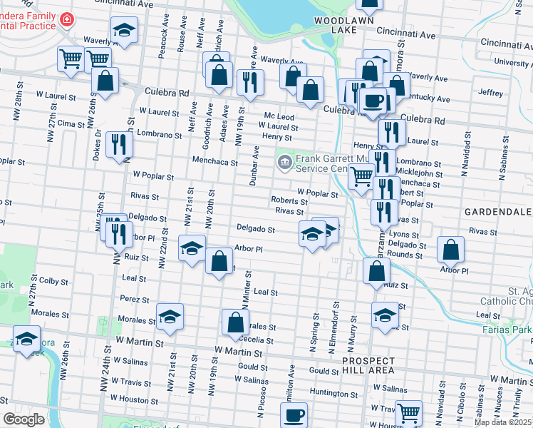 map of restaurants, bars, coffee shops, grocery stores, and more near 1349 Rivas Street in San Antonio