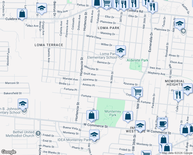 map of restaurants, bars, coffee shops, grocery stores, and more near 421 Groff Avenue in San Antonio