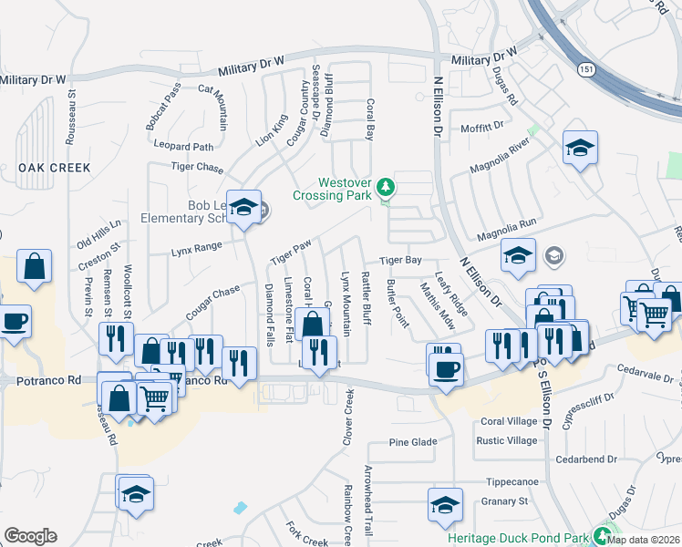map of restaurants, bars, coffee shops, grocery stores, and more near 671 Rattler Bluff in San Antonio
