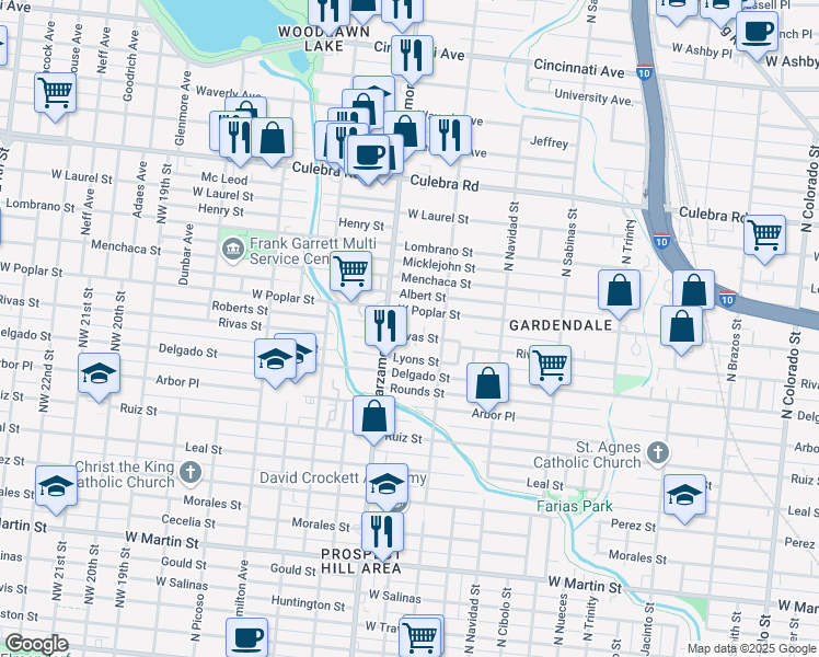 map of restaurants, bars, coffee shops, grocery stores, and more near 2030 West Poplar Street in San Antonio