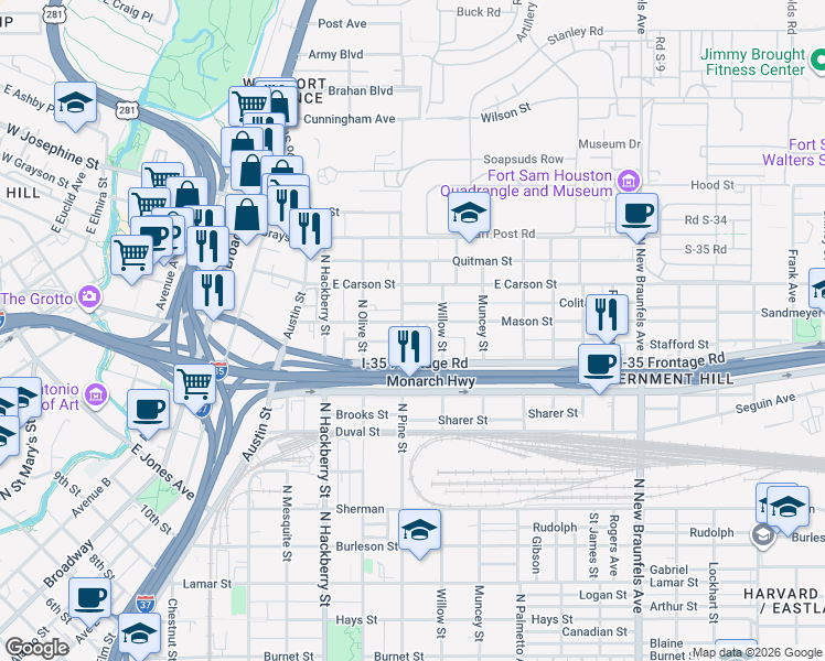 map of restaurants, bars, coffee shops, grocery stores, and more near 406 Mason Street in San Antonio