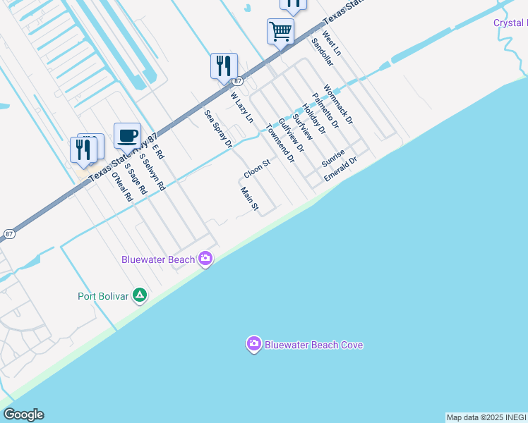 map of restaurants, bars, coffee shops, grocery stores, and more near 1243 Gulf Road in Bolivar Peninsula