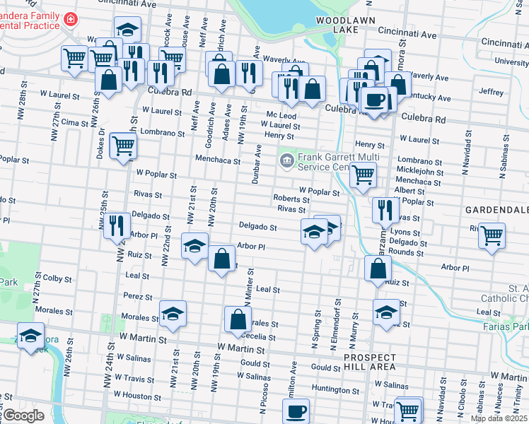 map of restaurants, bars, coffee shops, grocery stores, and more near 1427 Rivas Street in San Antonio