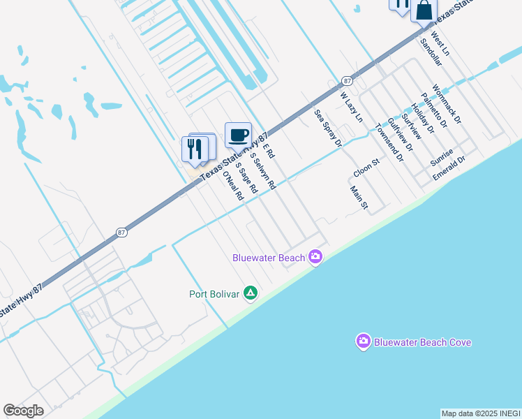 map of restaurants, bars, coffee shops, grocery stores, and more near 938 South Sage Road in Bolivar Peninsula