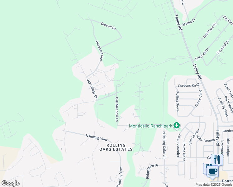 map of restaurants, bars, coffee shops, grocery stores, and more near Oak Meadow Lane in San Antonio