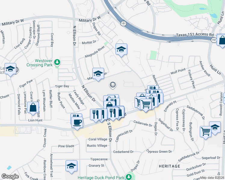 map of restaurants, bars, coffee shops, grocery stores, and more near 600 North Ellison Drive in San Antonio
