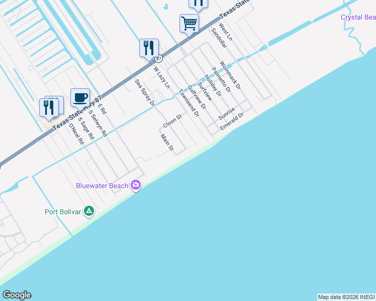 map of restaurants, bars, coffee shops, grocery stores, and more near 1243 Gulf Road in Bolivar Peninsula