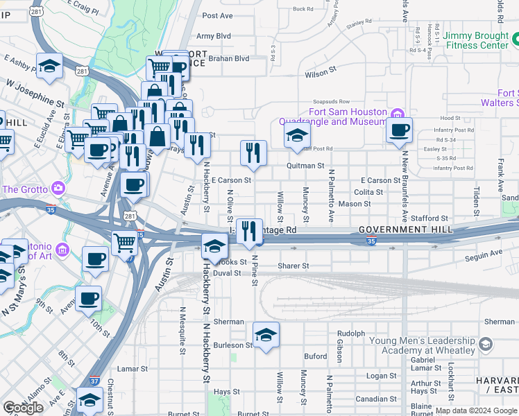 map of restaurants, bars, coffee shops, grocery stores, and more near 329 Mason Street in San Antonio