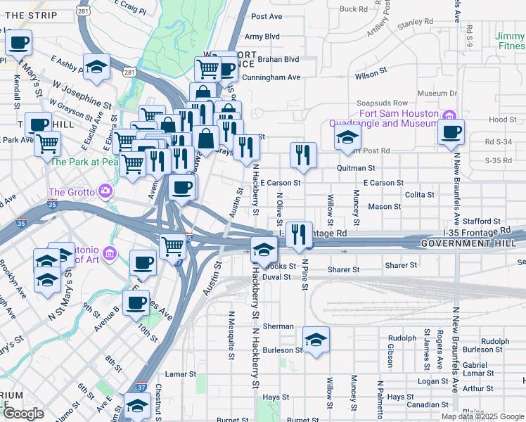 map of restaurants, bars, coffee shops, grocery stores, and more near 201 Mason Street in San Antonio