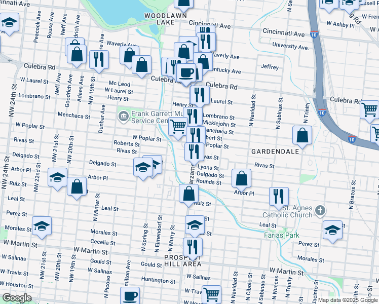 map of restaurants, bars, coffee shops, grocery stores, and more near 2108 West Poplar Street in San Antonio