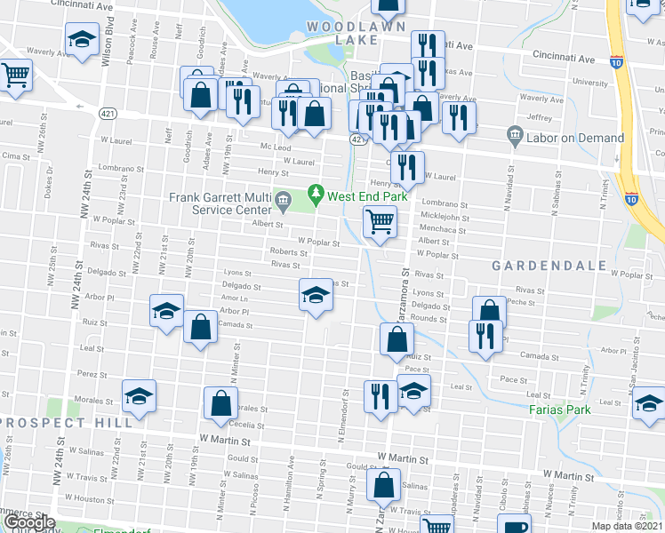 map of restaurants, bars, coffee shops, grocery stores, and more near 221 Roberts Street in San Antonio