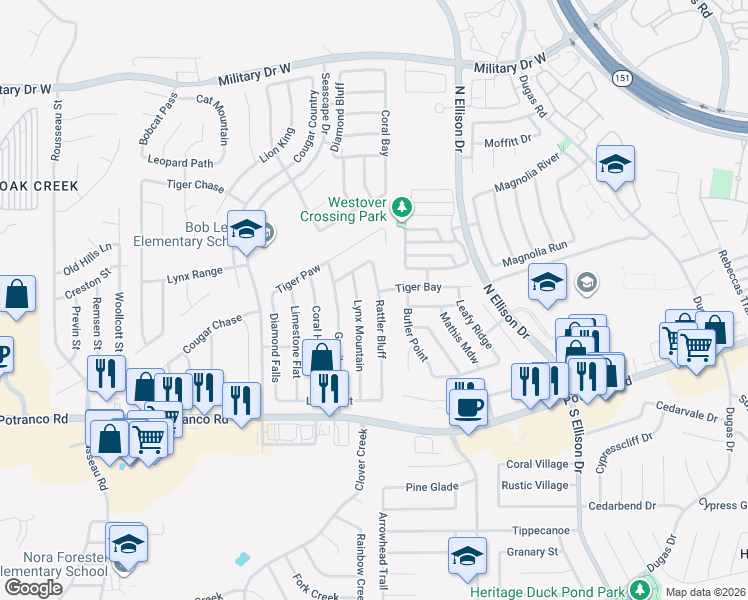 map of restaurants, bars, coffee shops, grocery stores, and more near 671 Rattler Bluff in San Antonio